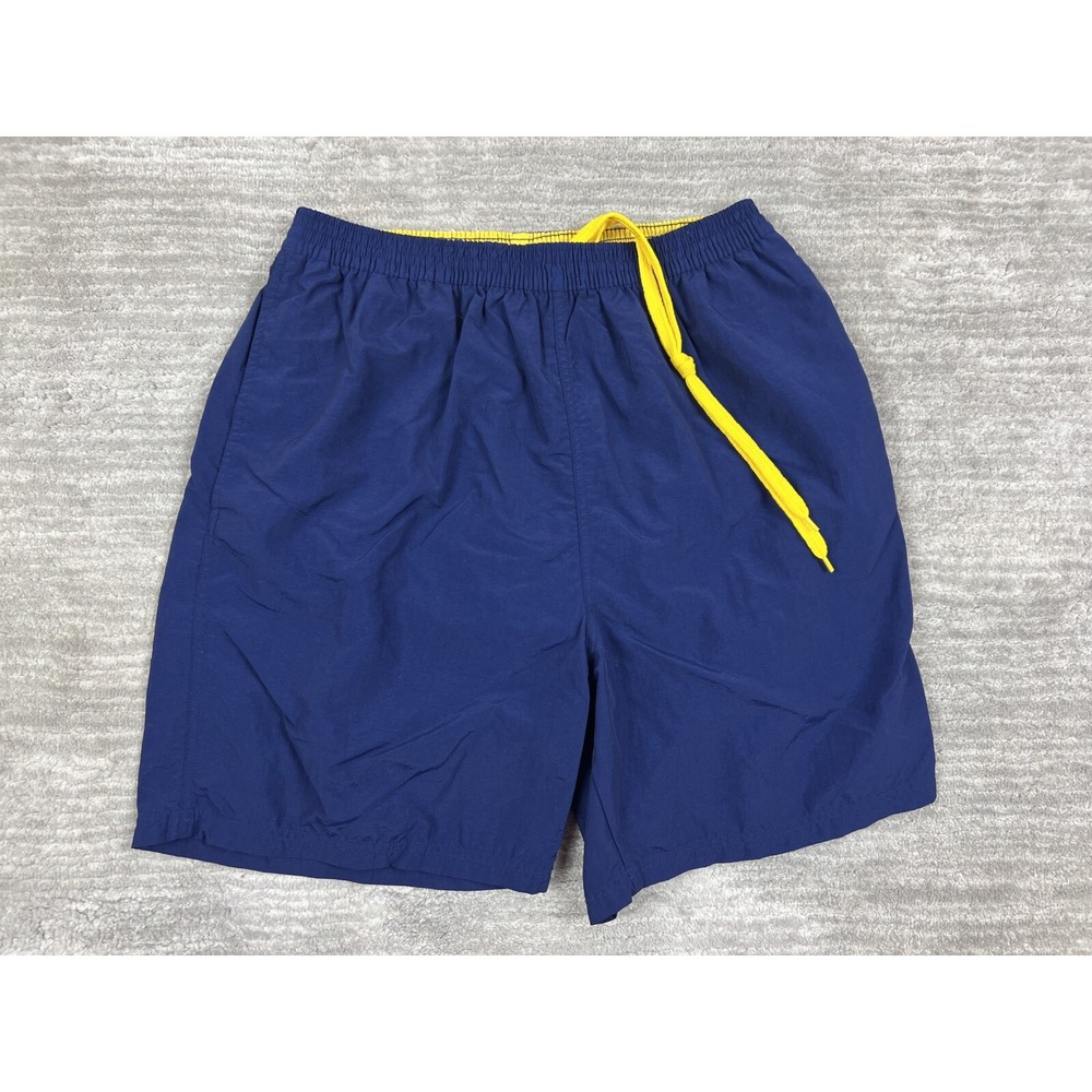 Sand N Sun Swim Trunks Mens M Blue Deep Cobalt Yellow Elastic Waist Mesh Lined